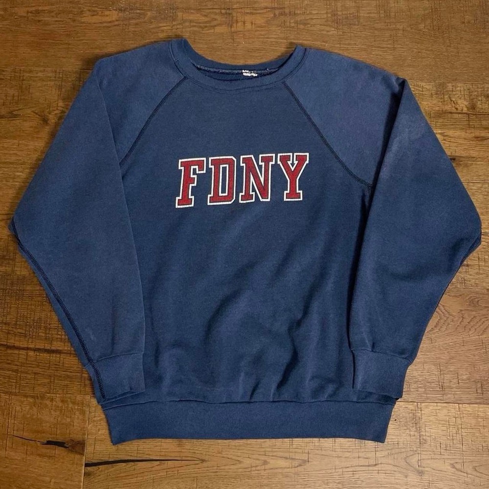 Vintage FDNY Sweatshirt Mens L Navy Blue Americana 70s Raglan Crewneck Slim Fit